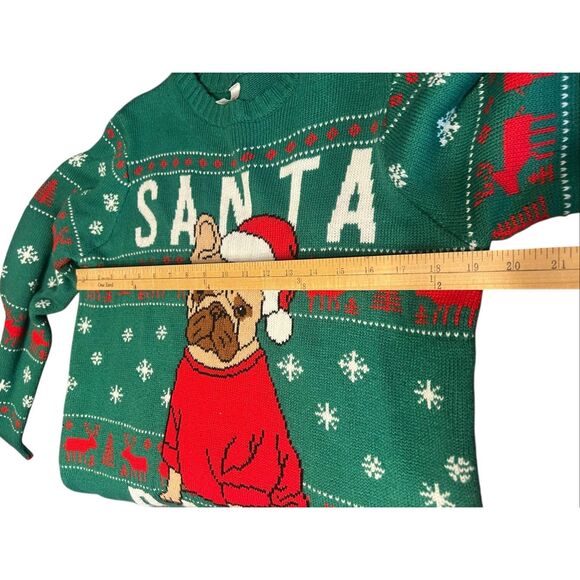 Holiday Time pug bulldog Boys XXL 18 Christmas Sweater Clover Green ugly festive - Picture 3 of 5